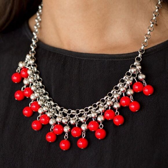 Jewelry - Set! Silver tone chain with red and silver beads.